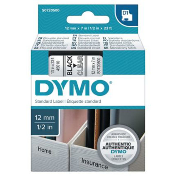 Picture of DYMO D1 LABEL CASSETTE ORIGINAL 45010 12MM BLACK ON CLEAR